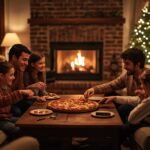 A cozy living room scene with a family gathered around