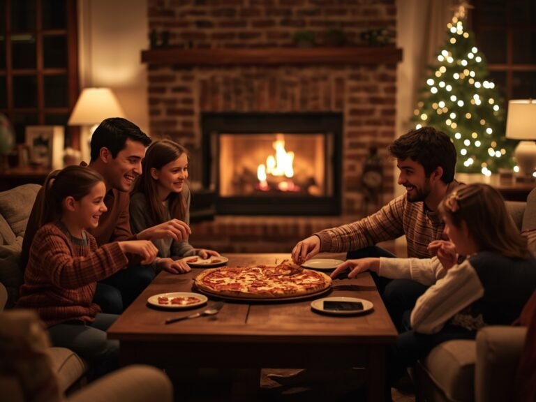 A cozy living room scene with a family gathered around