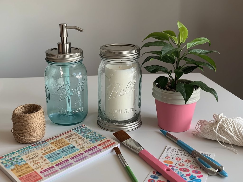 A craft table with Mason jars transformed into a soap