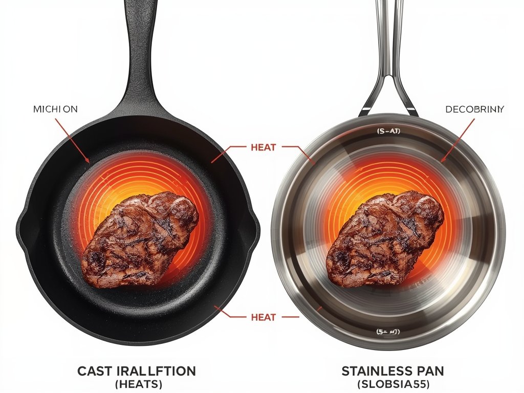 A cross-section diagram of a cast iron skillet and a