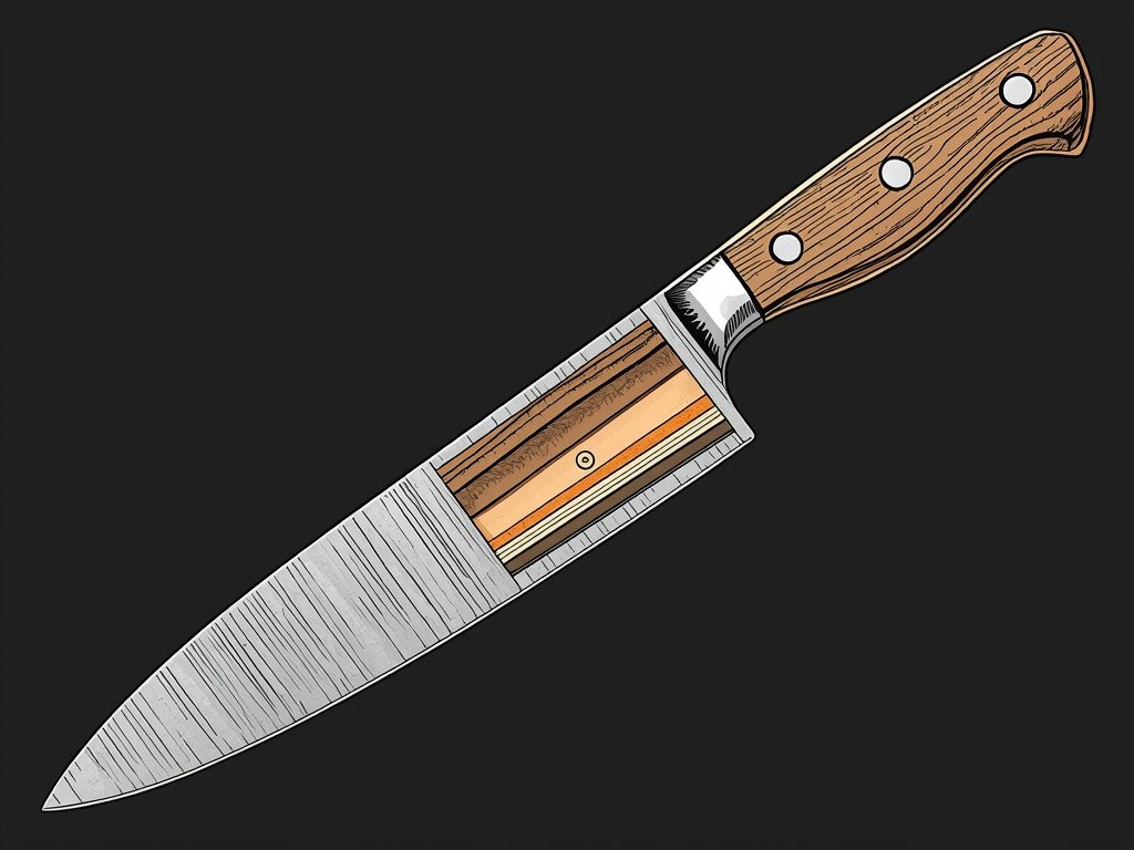 A cross-section illustration of a chef's knife, showcasing the different