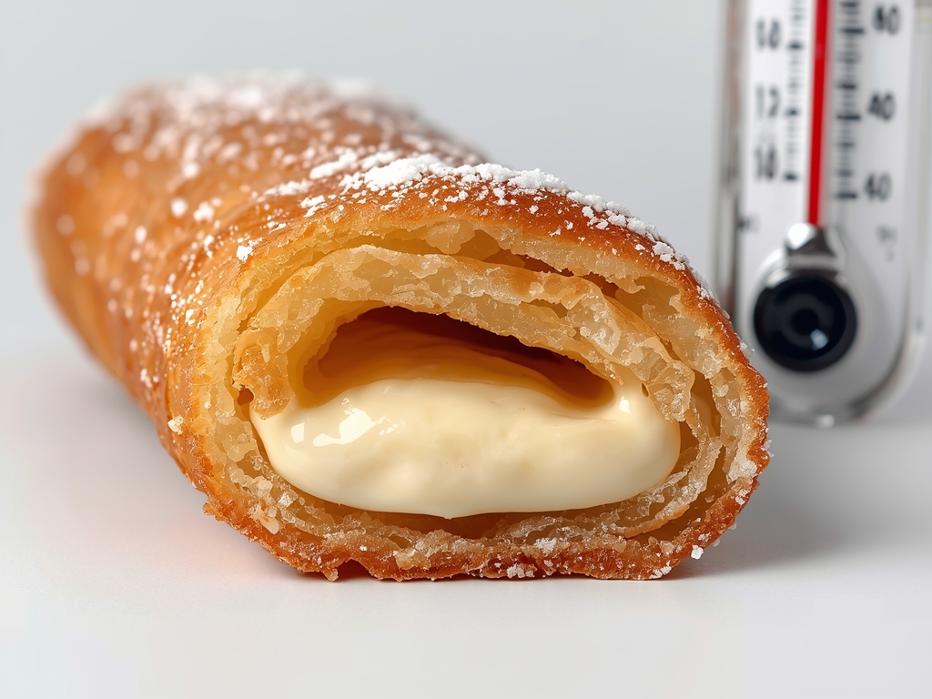 A cross-section of a churro showing its layers—crispy exterior, soft