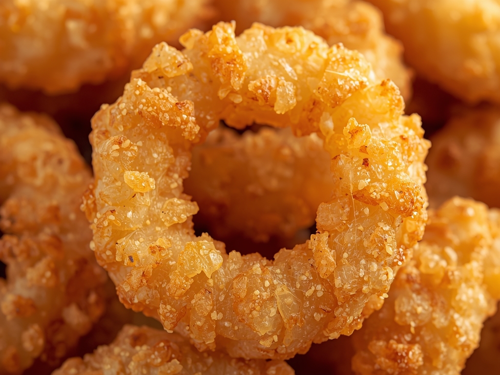 A cross-section of a crispy onion ring, showcasing the light