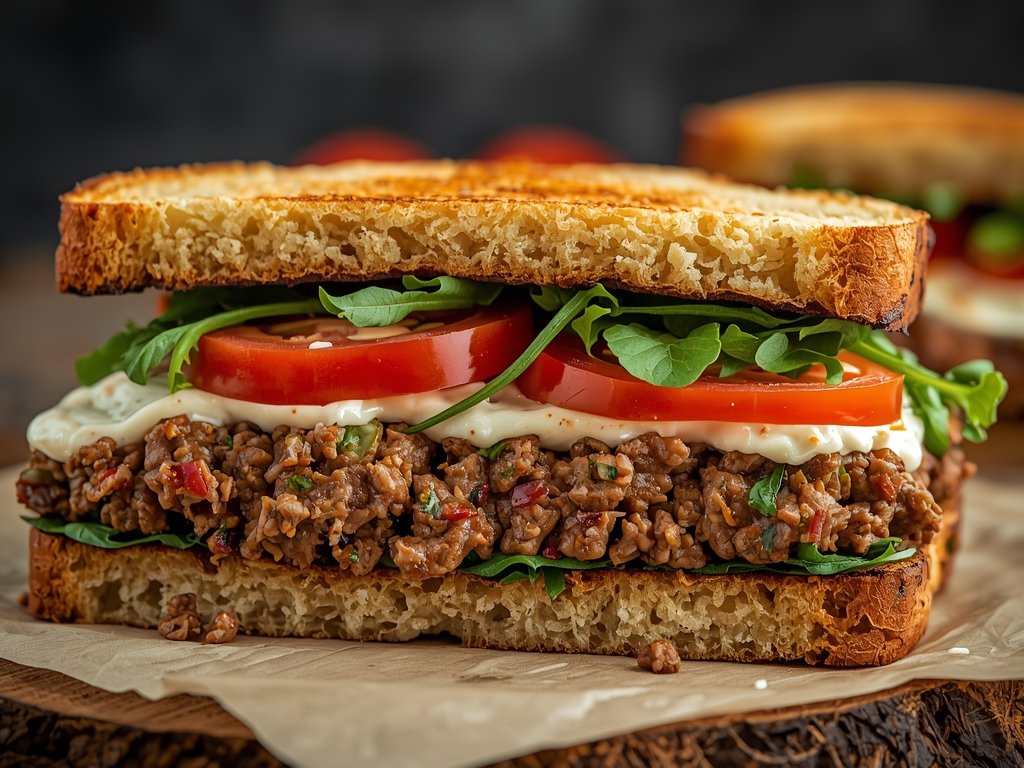 A cross-section of a gourmet meatloaf sandwich on toasted rustic