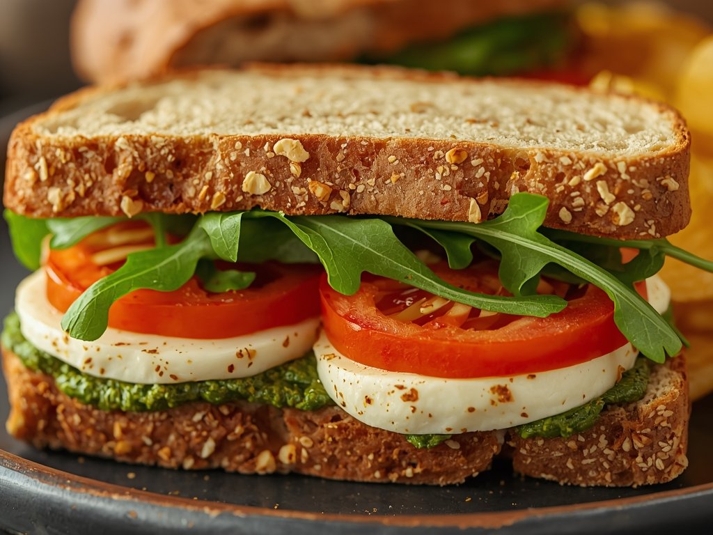 A cross-section of a gourmet sandwich with layers of pesto,