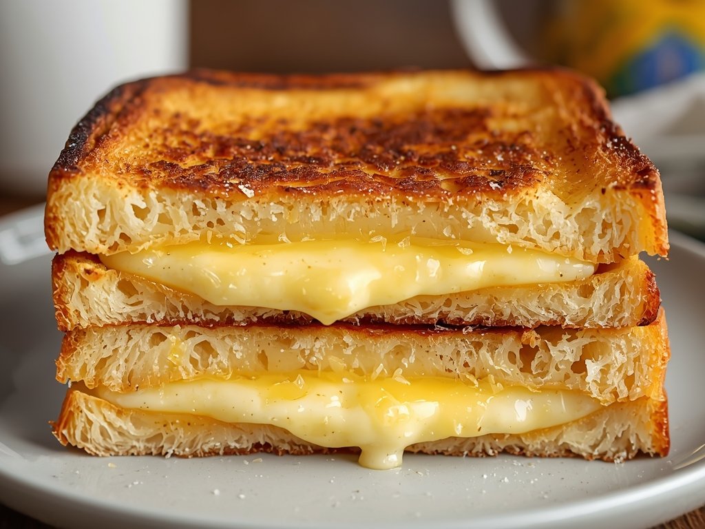 A cross-section of French toast showing the layers of custard-soaked