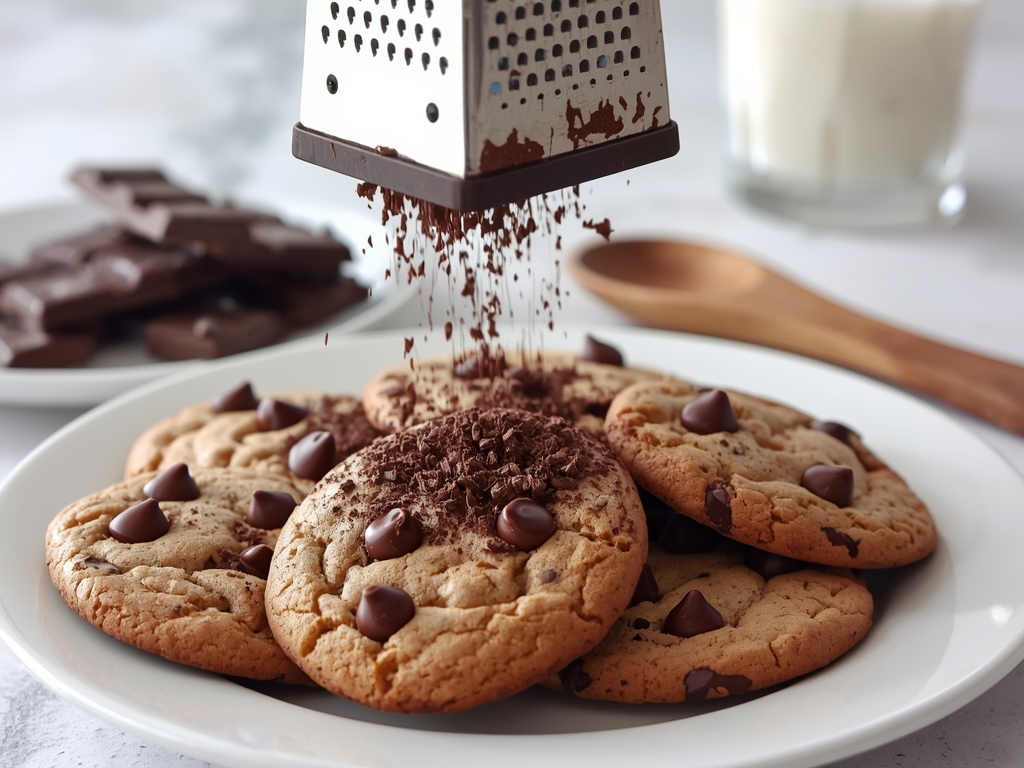 A decadent, close-up image of a Microplane grater shaving a