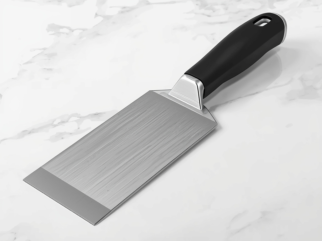 A detailed, high-resolution image of a modern bench scraper, showcasing