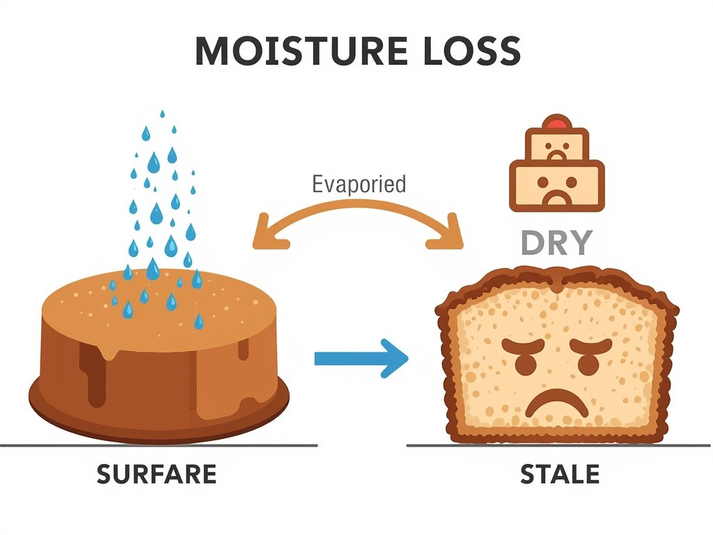 A diagram illustrating the process of moisture loss in cake,