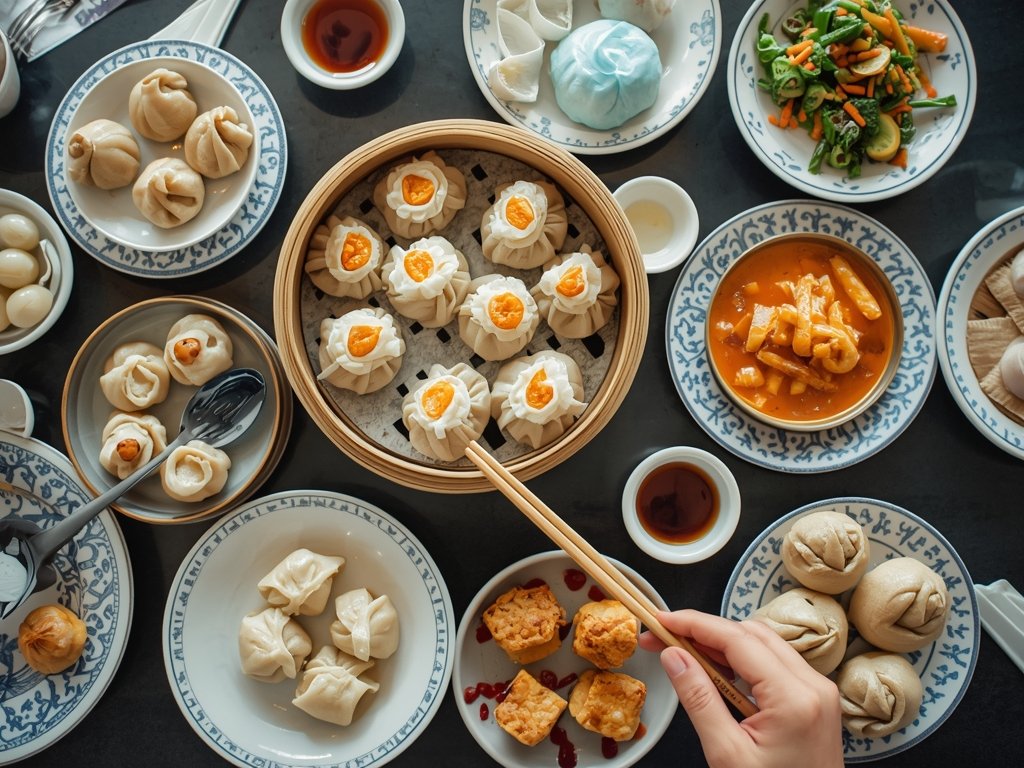 A dim sum feast spread out on a table, featuring