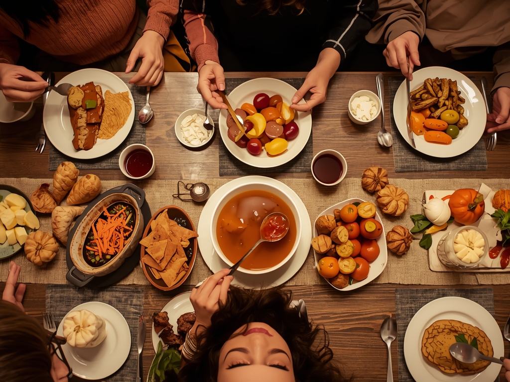 A diverse group of friends enjoying a comforting bowl of
