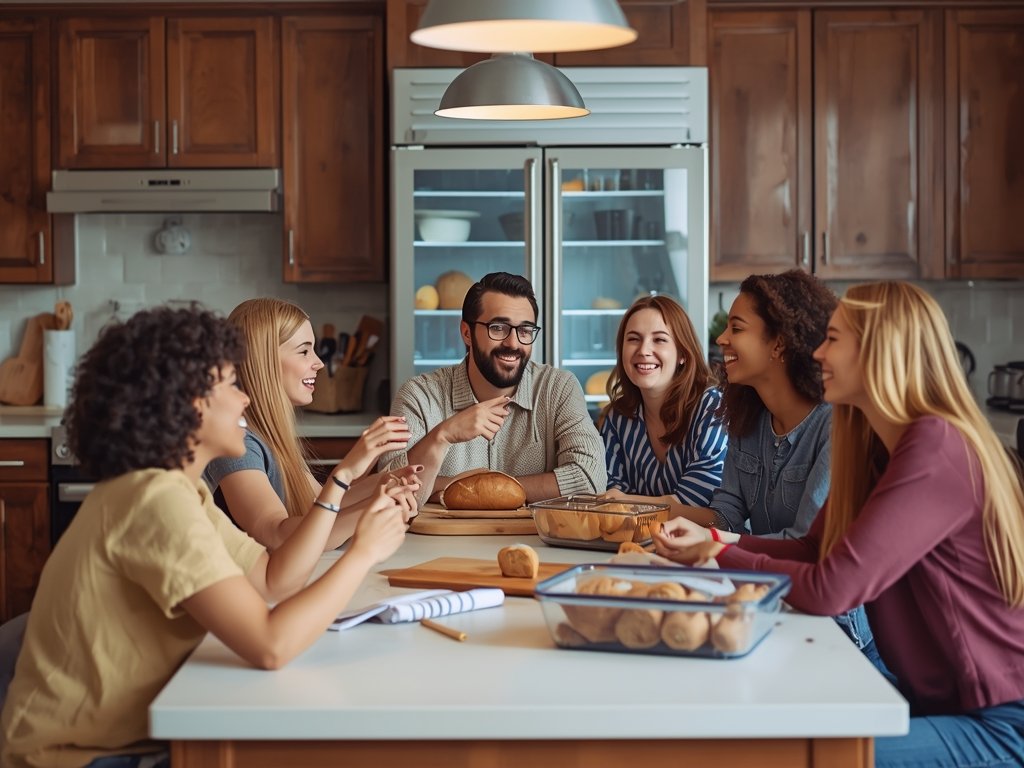 A diverse group of friends gathered around a kitchen island,