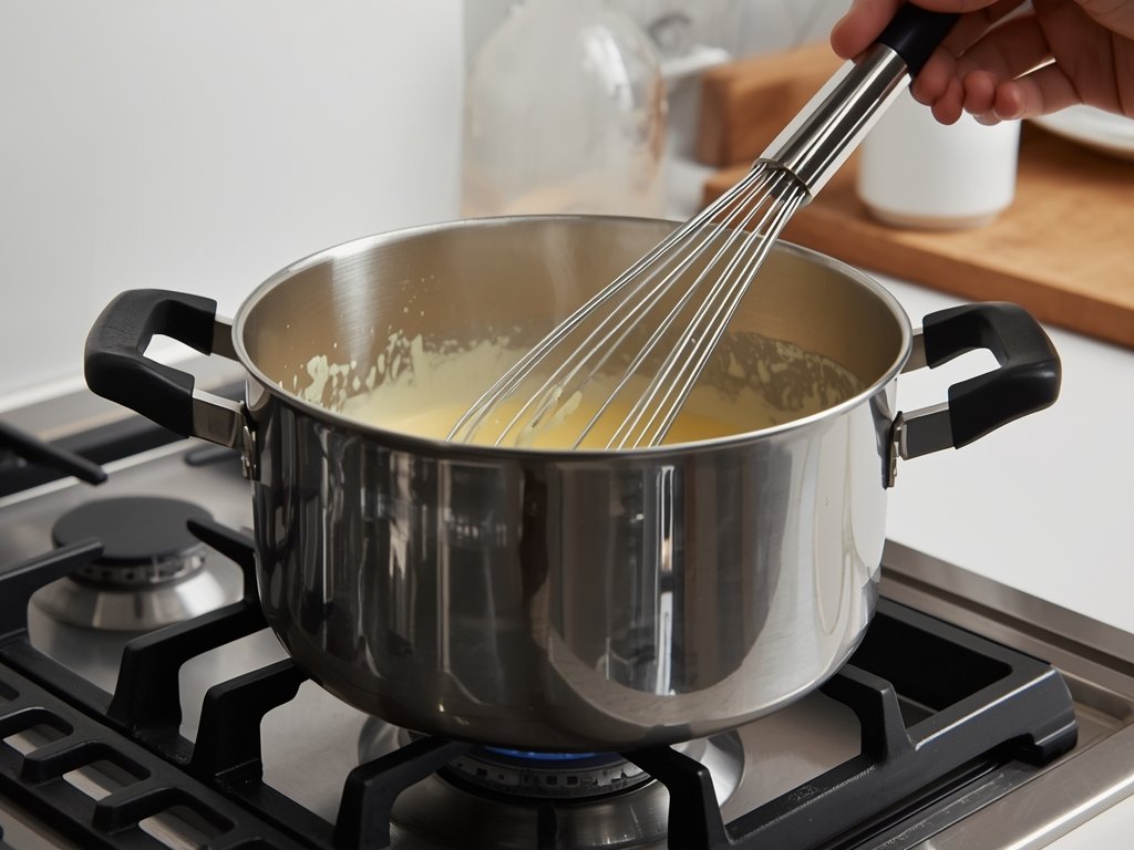 A double boiler setup on a stovetop, with a whisk