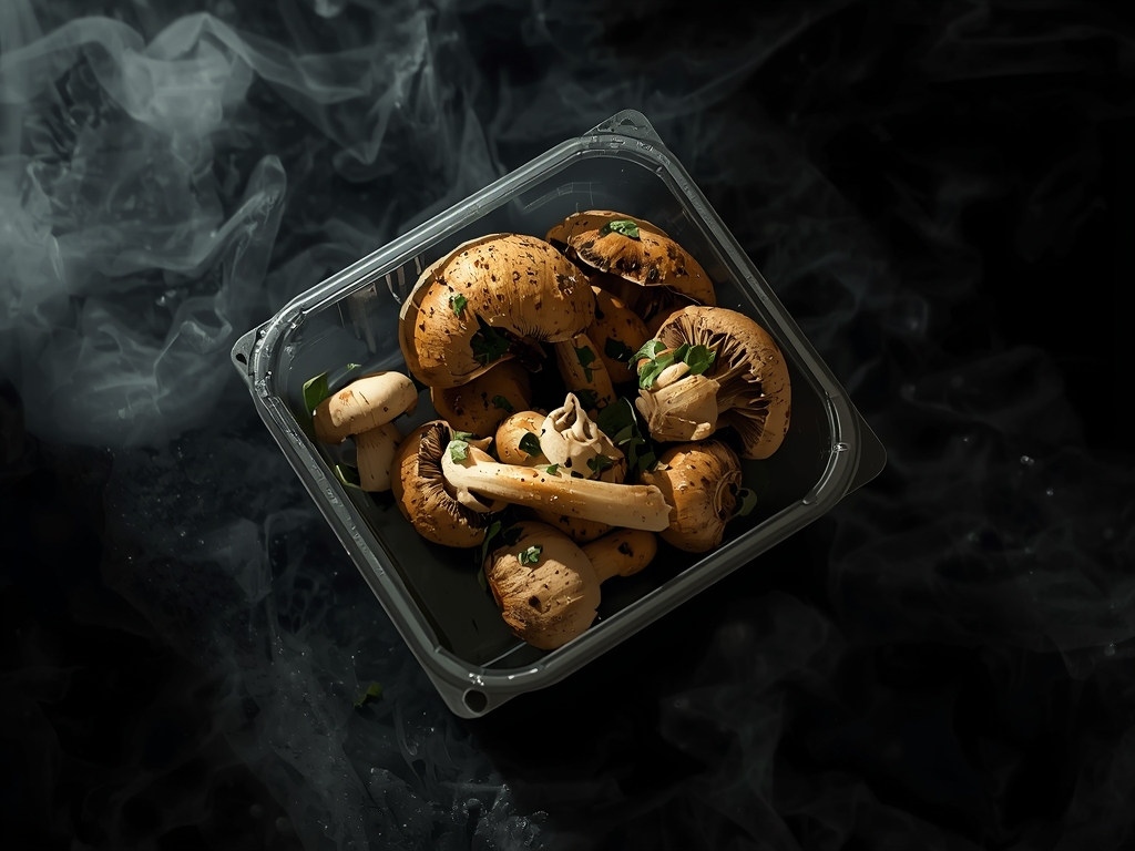 A dramatic image of a plastic container with slimy mushrooms,