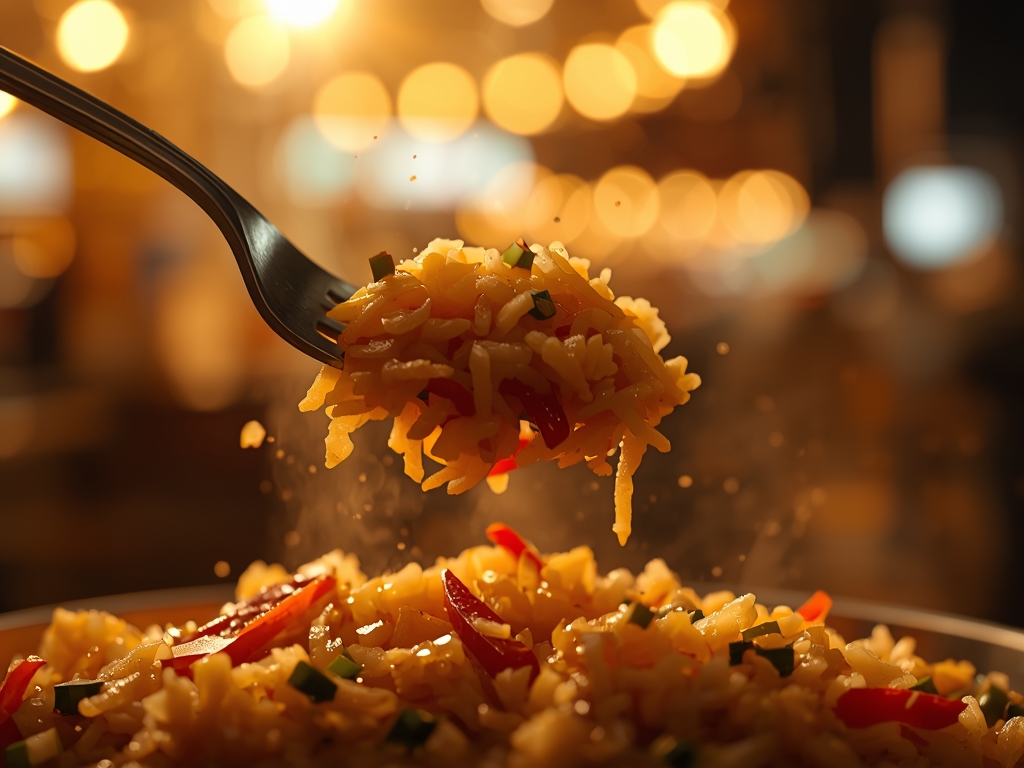A dramatic, slow-motion shot of a fork twirling perfectly reheated