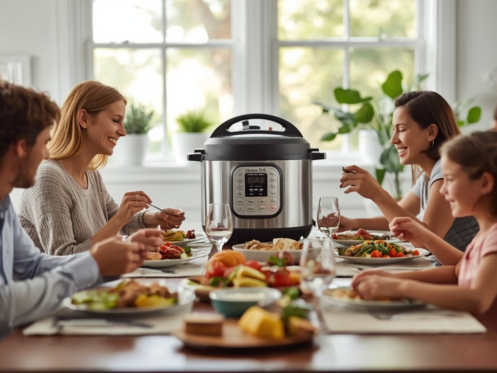 A family gathered around a dinner table, smiling as they