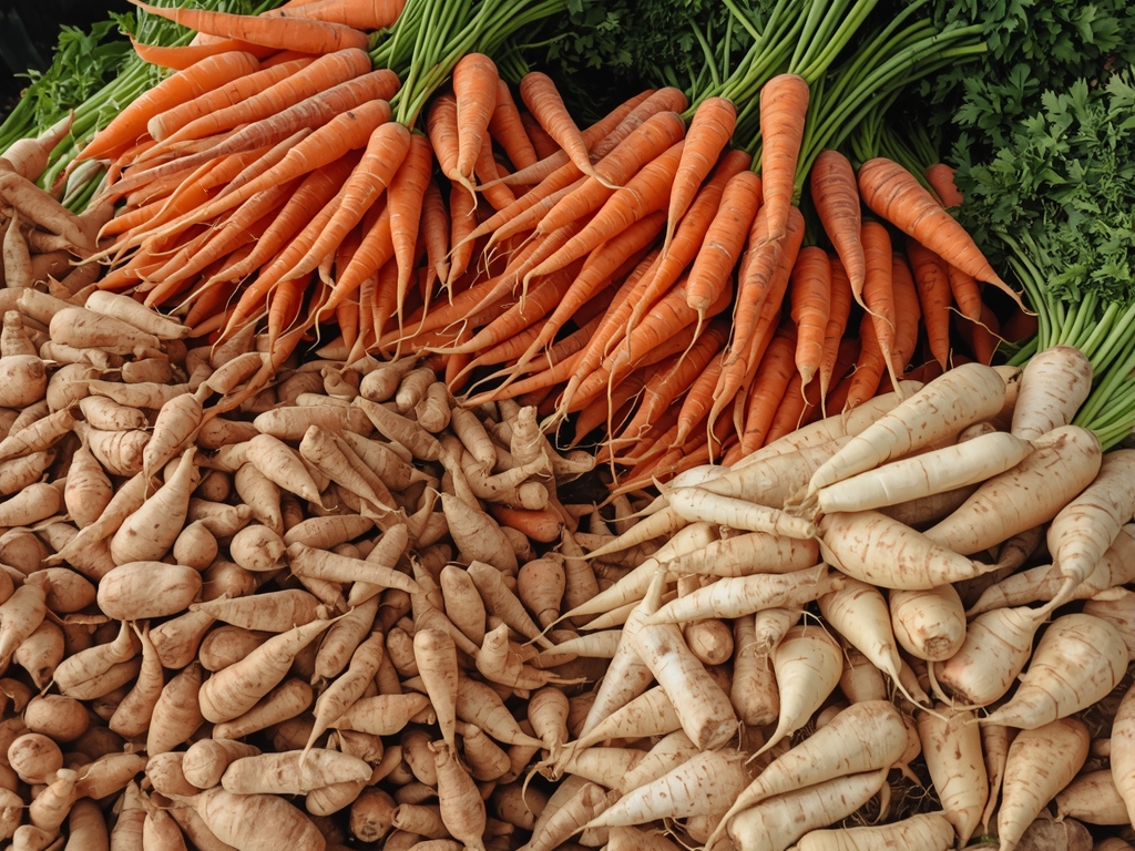 A farmer's market scene with piles of fresh carrots, parsnips,