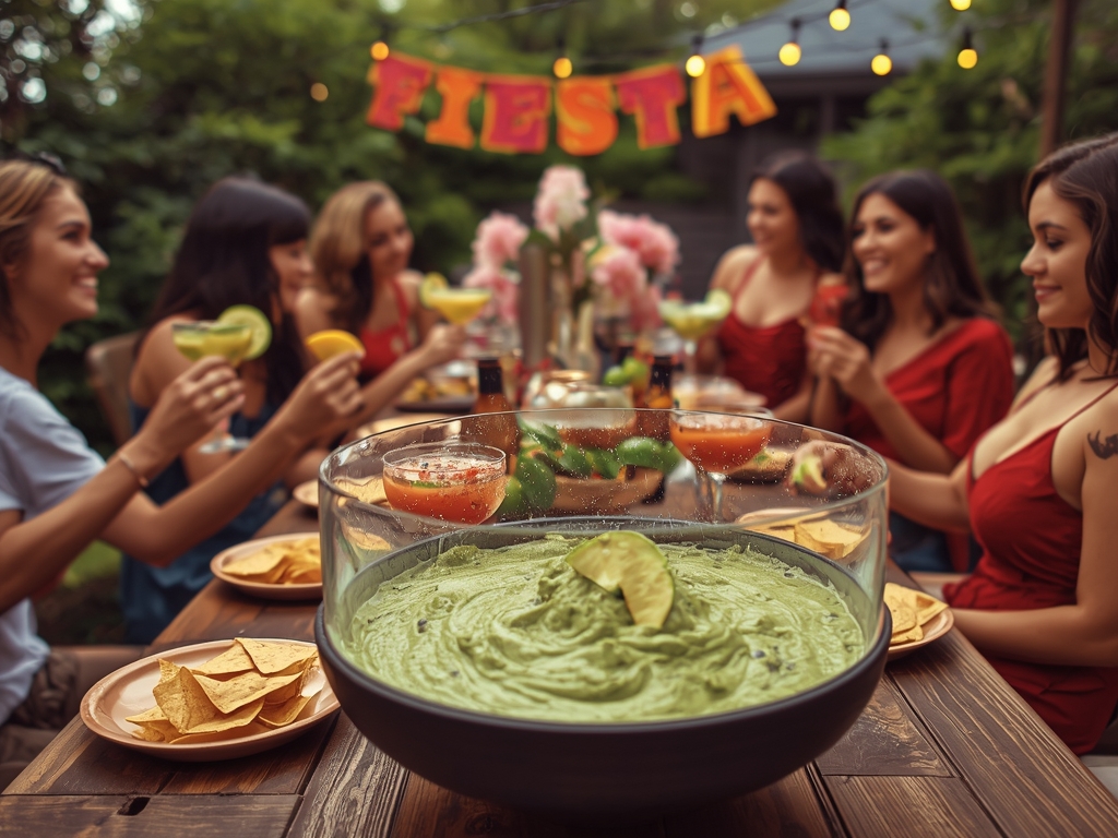 A festive outdoor party scene with a table featuring a