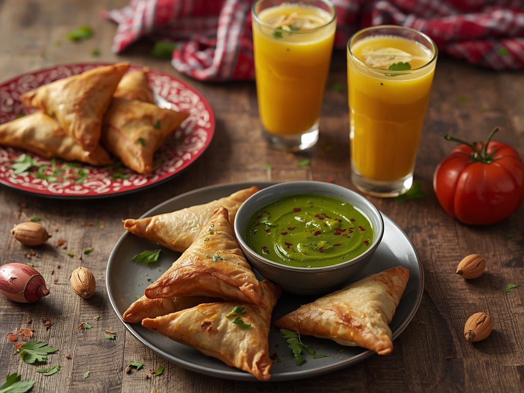 A festive table setting featuring the baked samosas, a bowl