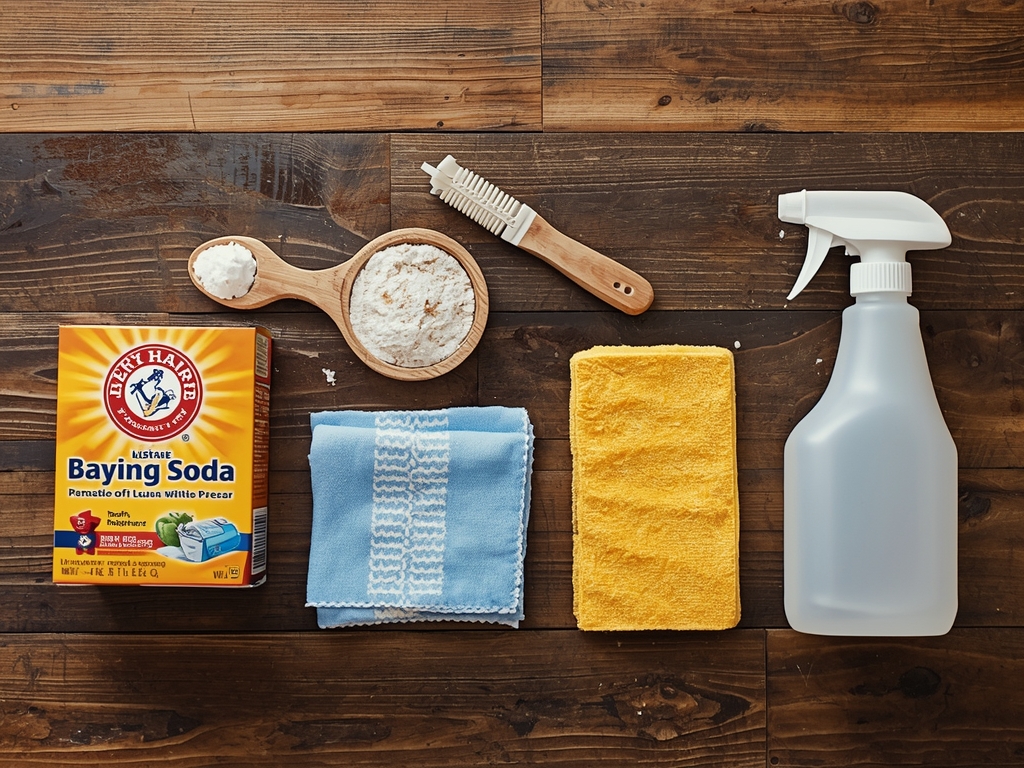 A flat-lay arrangement of cleaning supplies on a rustic wooden