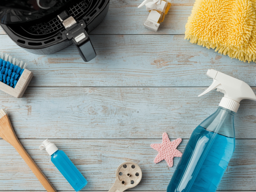 A flat-lay arrangement of cleaning tools and supplies on a