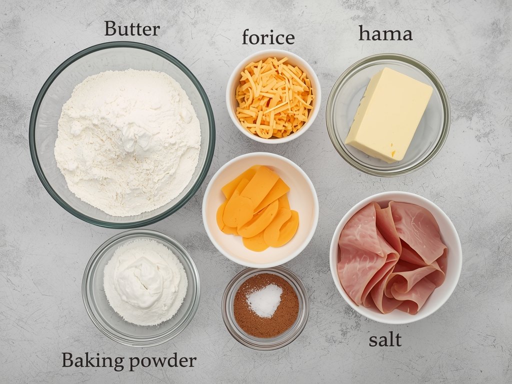 A flat-lay of all the ingredients for ham and cheese