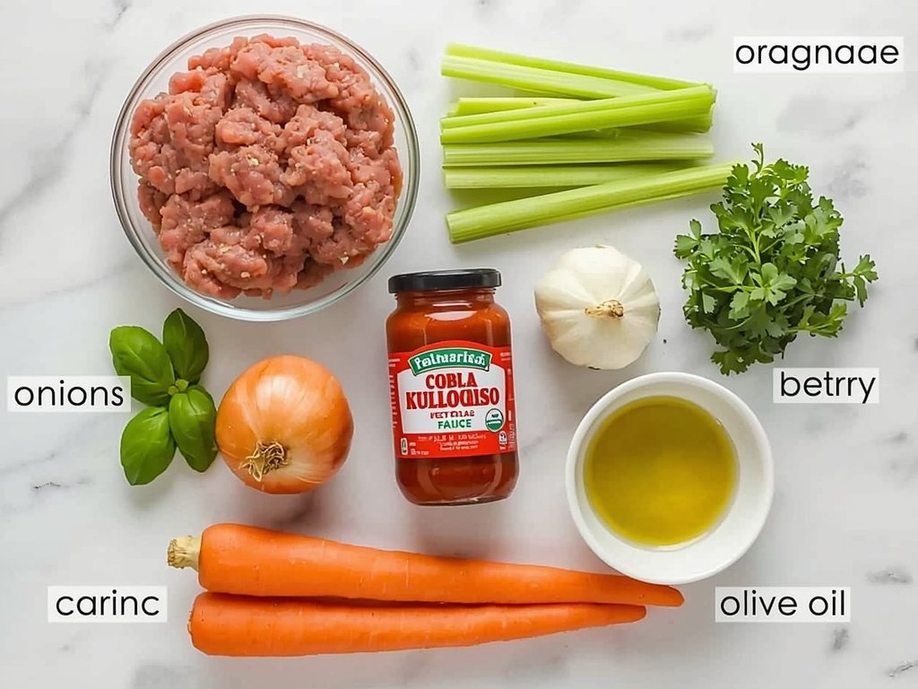 A flat-lay of ingredients for Meatloaf Bolognese: leftover meatloaf, a