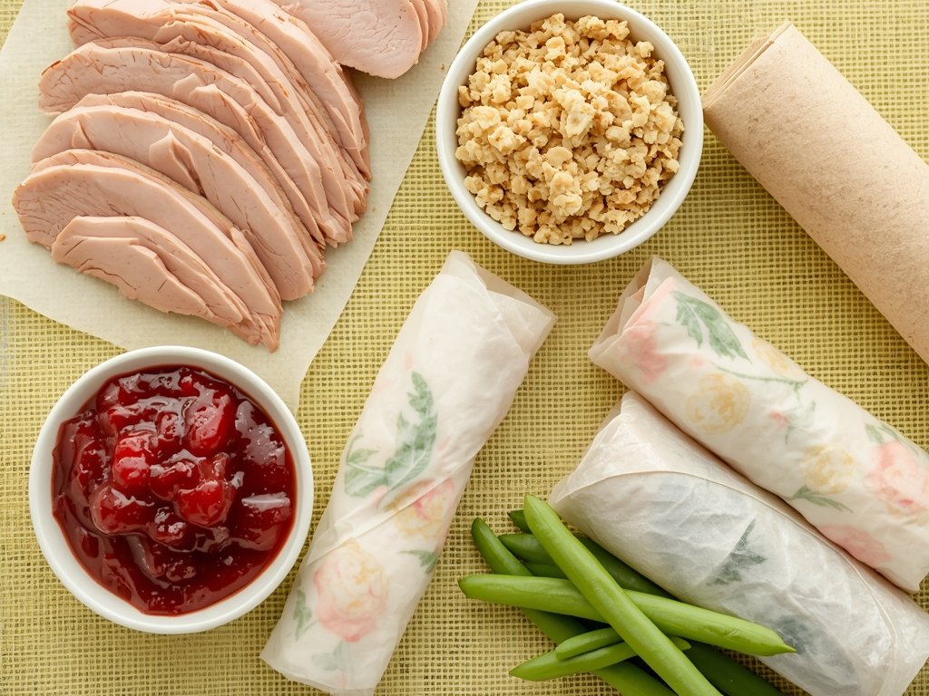 A flat-lay of spring roll ingredients: sliced turkey, cranberry sauce,
