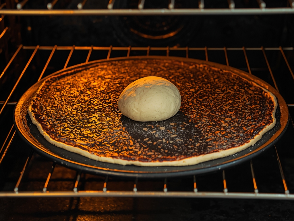 A flat, textured pizza stone glowing hot under a broiler,