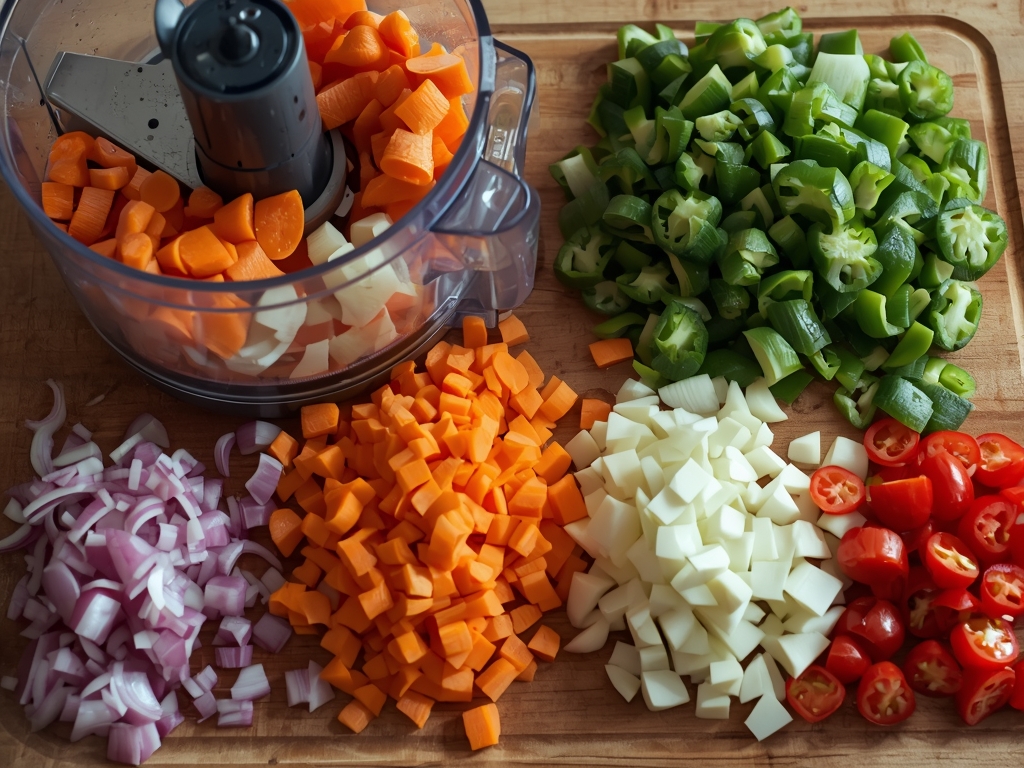 A food processor in action, chopping a variety of vegetables