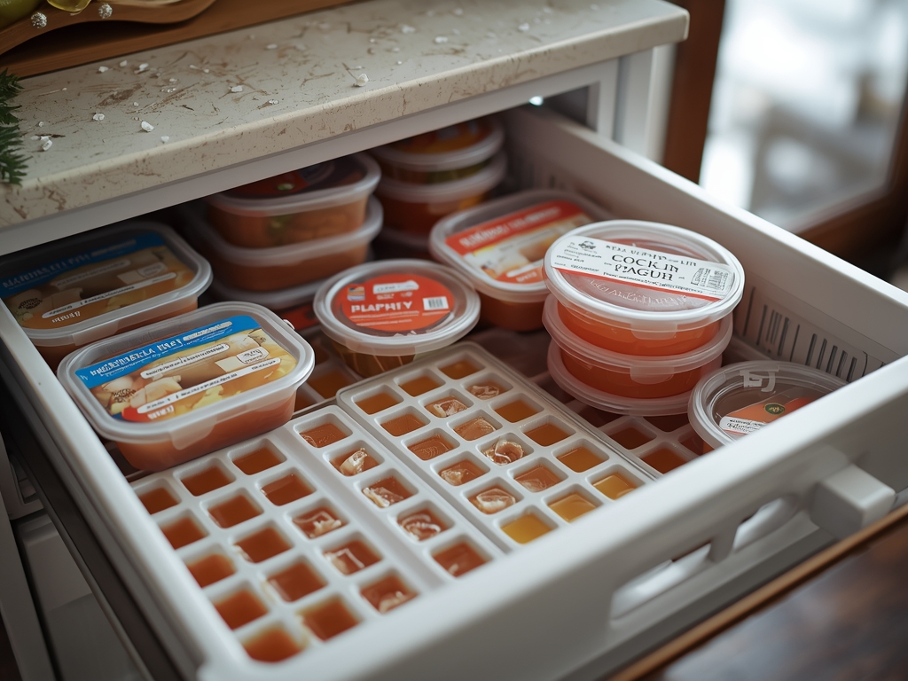 A freezer drawer filled with neatly stacked containers and ice