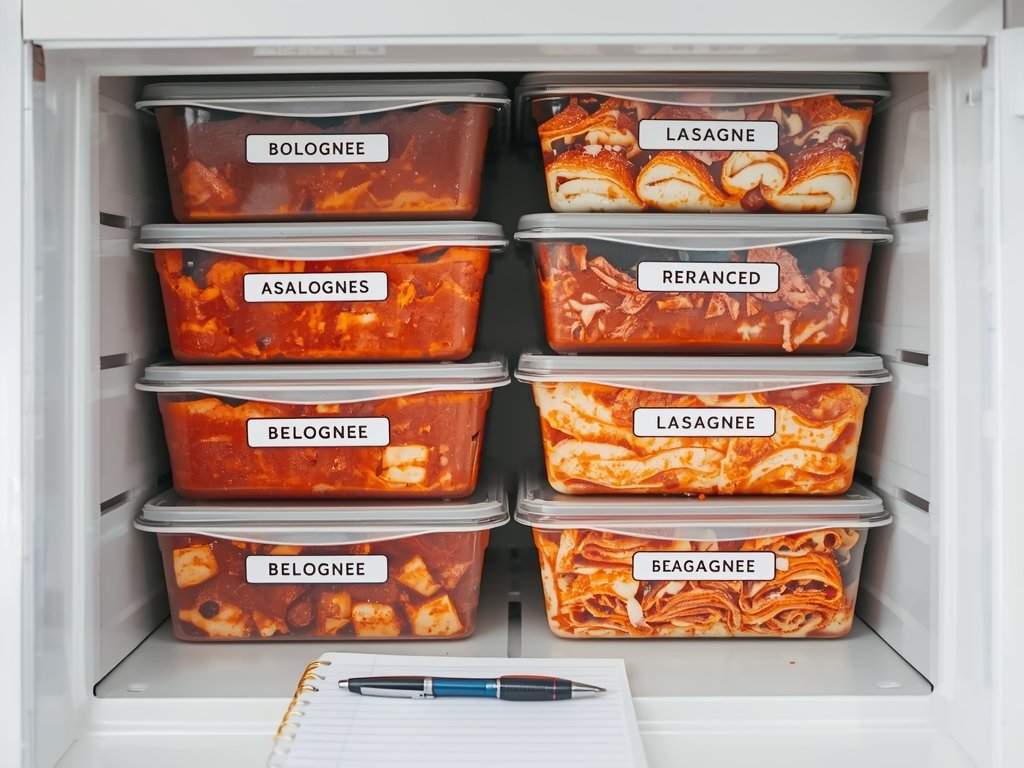A freezer stocked with labeled containers of Bolognese sauce and