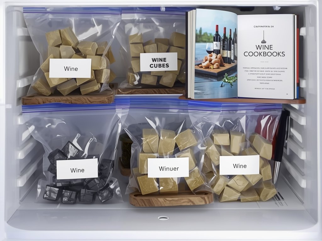 A freezer with labeled bags of wine cubes, a cookbook,