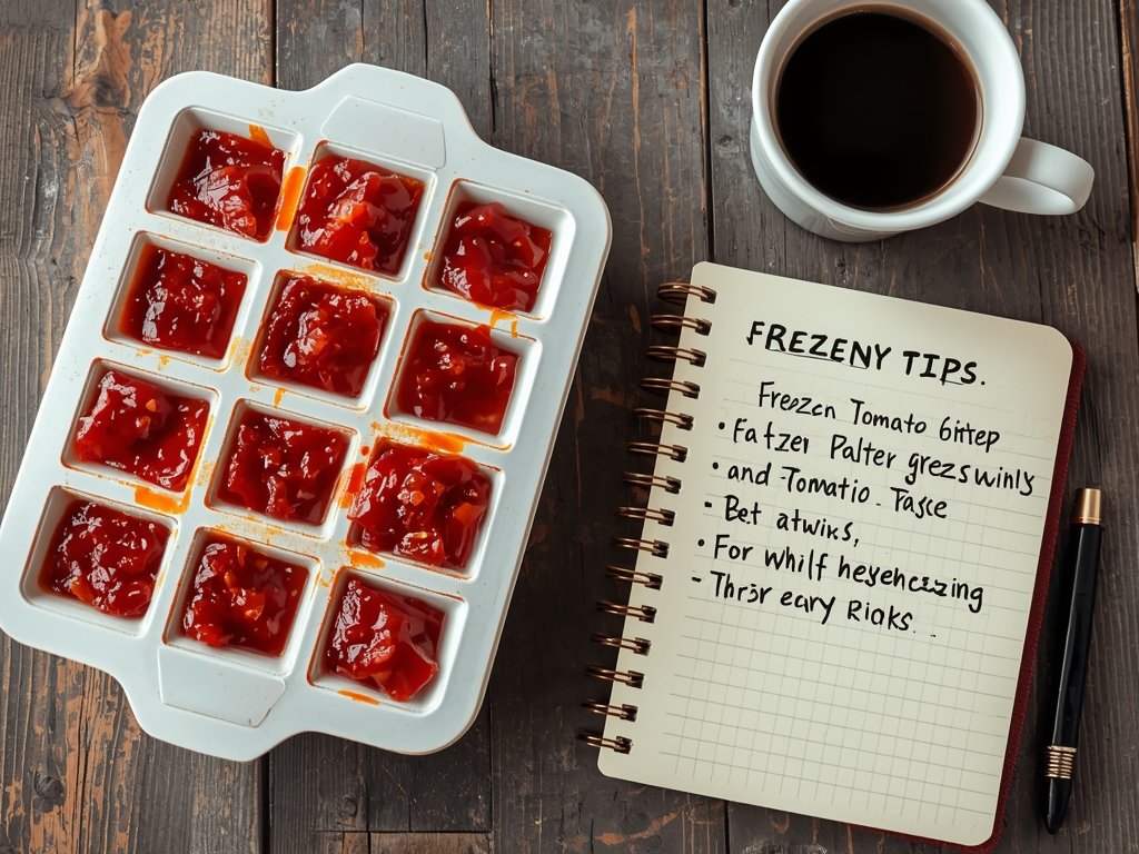 A frozen cube tray filled with red tomato paste, next