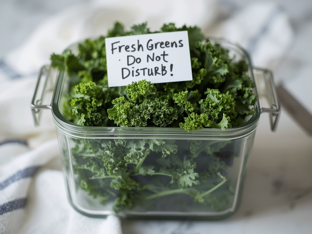 A glass container filled with fresh, dry kale leaves, wrapped