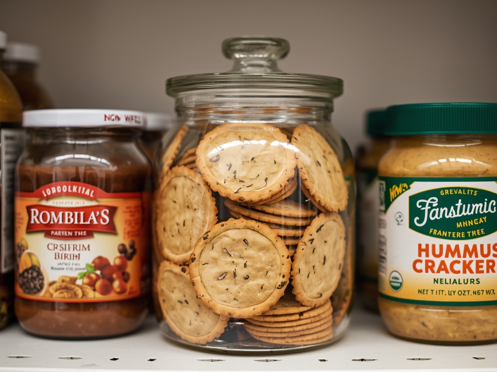 A glass jar filled with hummus crackers, sealed with a