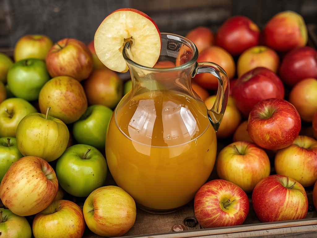 A glass jug of fresh apple juice with a slice