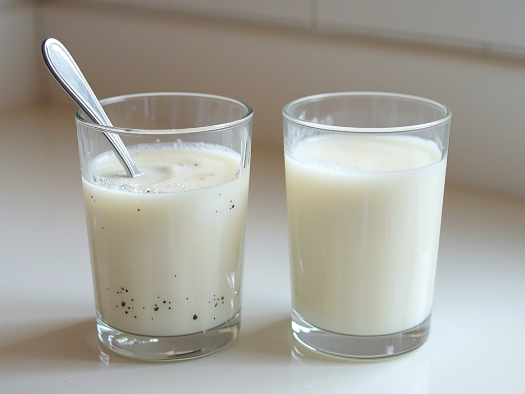 A glass of milk with visible chunks and a spoon