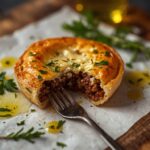 A golden-brown phyllo meat pie on a rustic wooden cutting