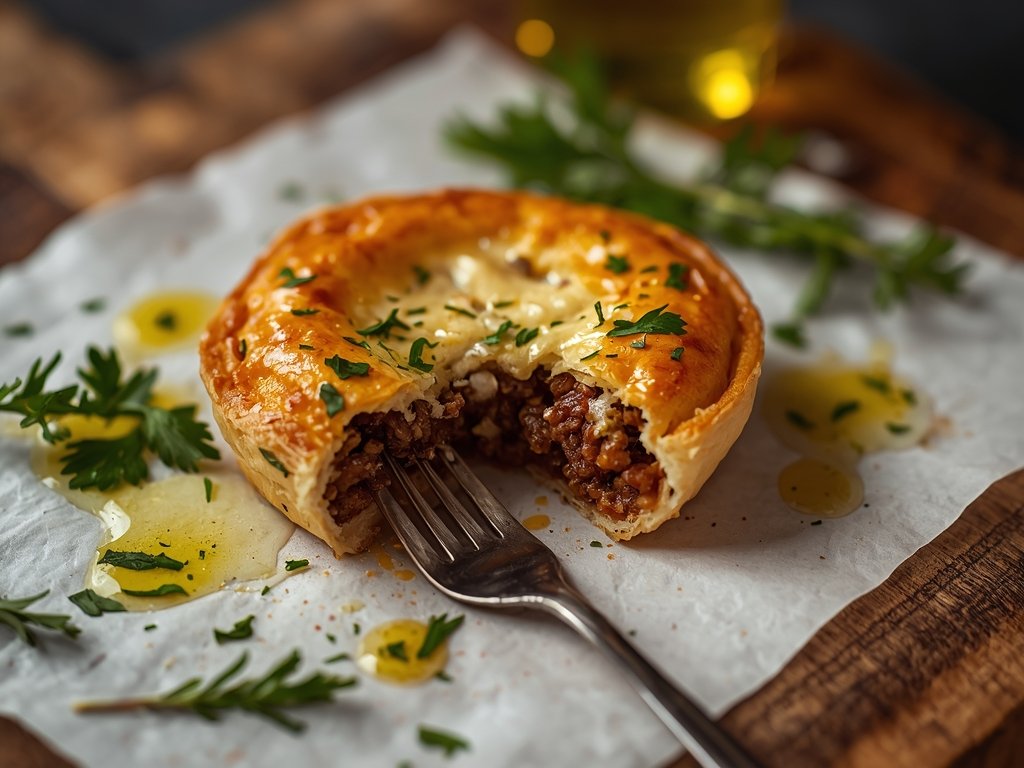 A golden-brown phyllo meat pie on a rustic wooden cutting