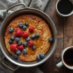 A golden-brown quinoa breakfast bake straight from the oven, topped