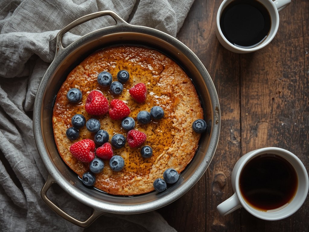 A golden-brown quinoa breakfast bake straight from the oven, topped
