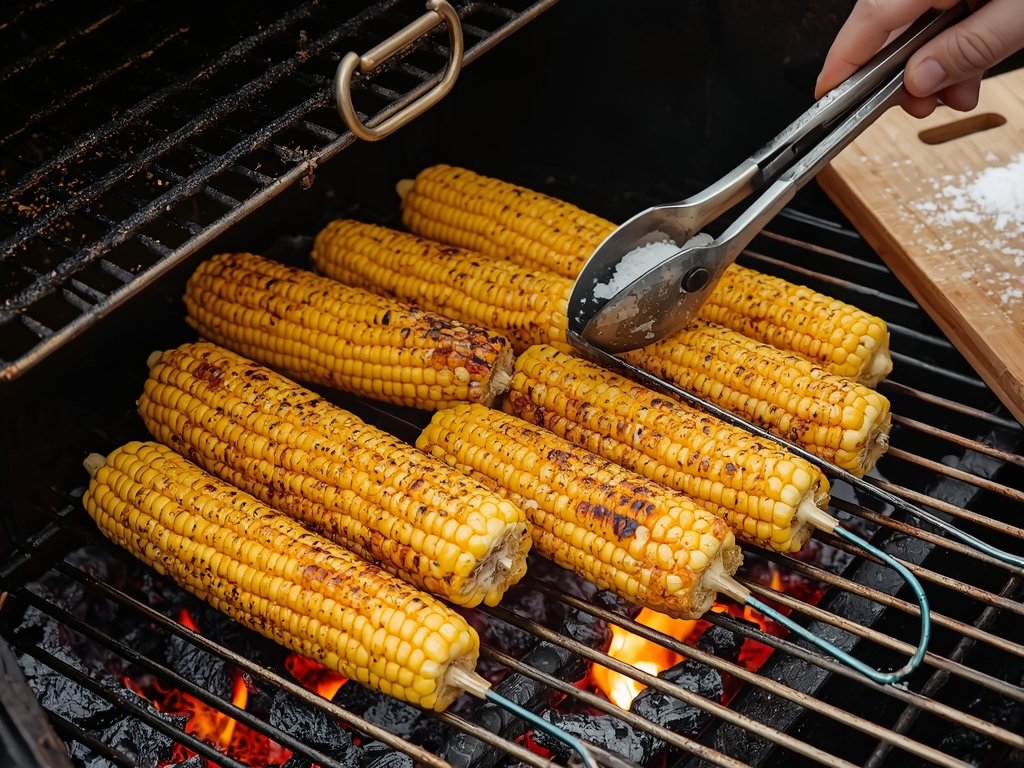 A grill with corn cobs cooking over open flames, tongs