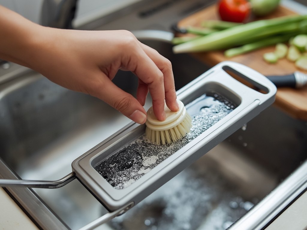 A hand carefully cleaning a mandoline slicer with a soft