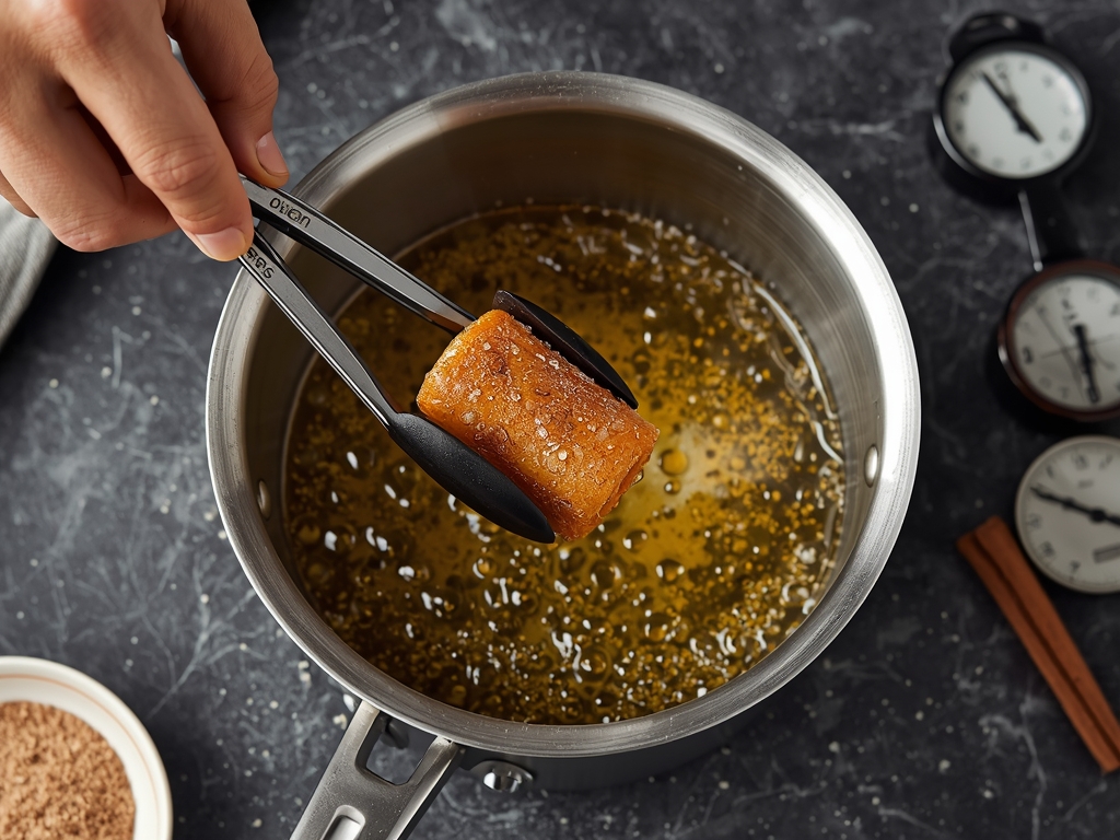 A hand carefully lowering a churro into a pot of
