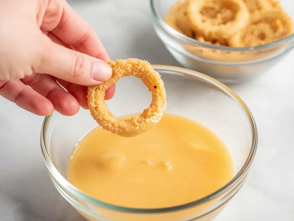 A hand dipping an onion ring into a bowl of