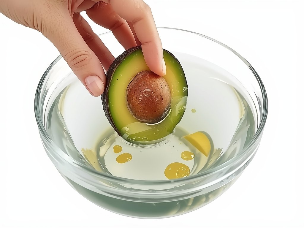 A hand gently lowering an avocado half into a bowl
