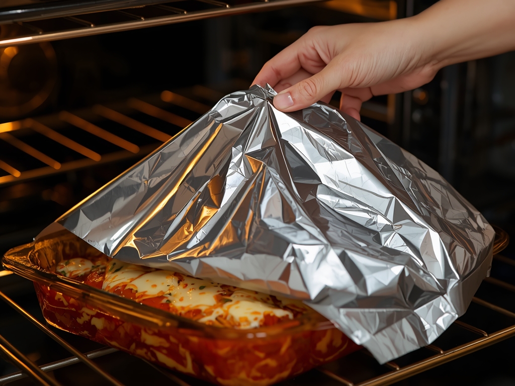 A hand gently placing a foil tent over a lasagna