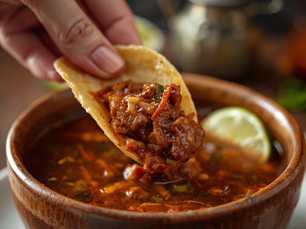A hand holding a birria taco, about to dip it