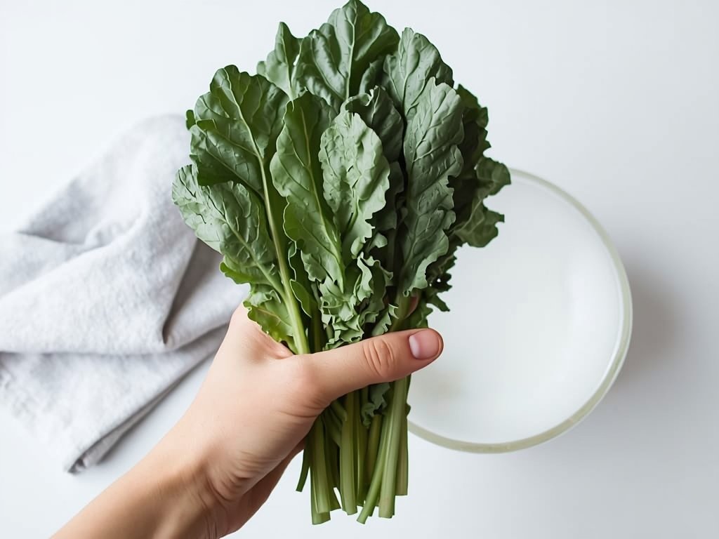 A hand holding a bunch of fresh kale, with a